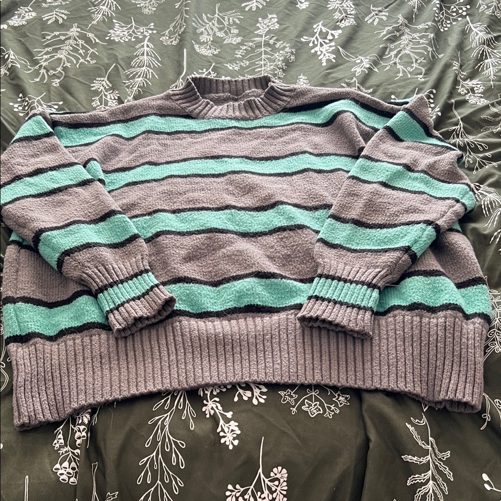 Striped Gray and Teal Sweater